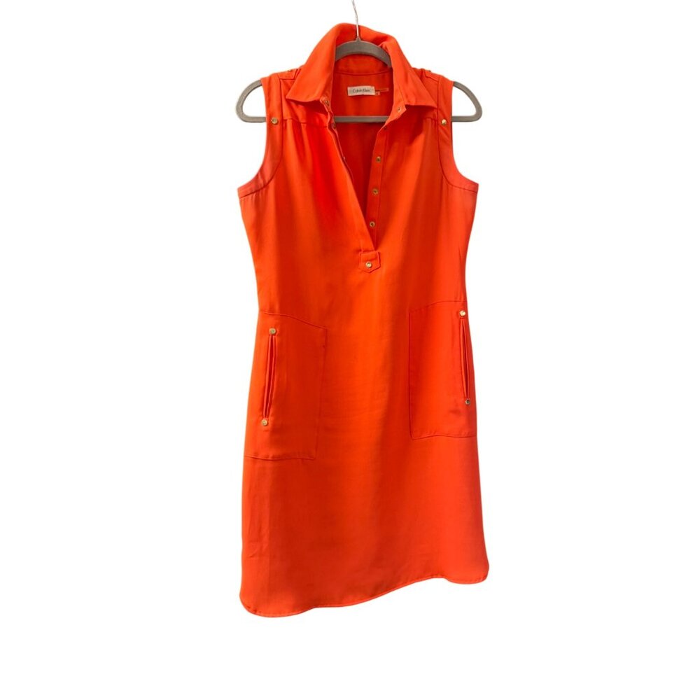 Calvin Klein Womens Orange Sleeveless Button-Up Dress With Pockets Size 4 Polyes